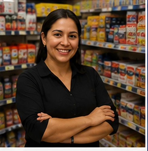 Propietaria latina sonriente en un minimarket
